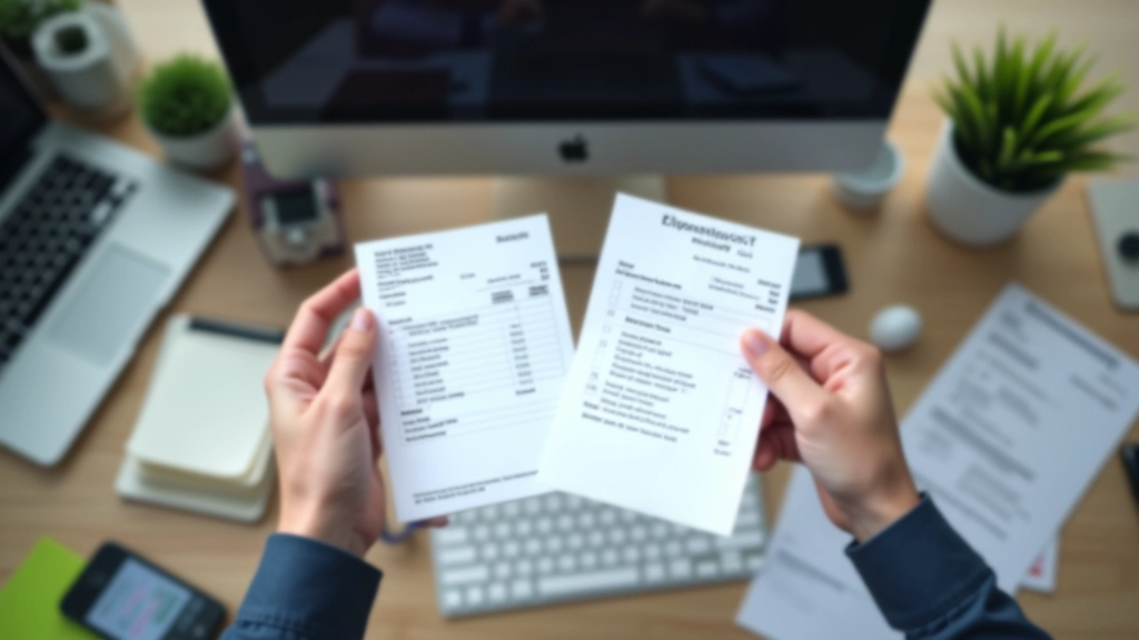 Close-up of hands holding organized receipts and checklist, desk with business documents, highlighting organized expense documentation process