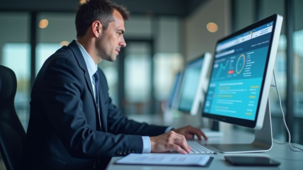 Manager reviewing digital expense report on desktop computer with organized expense data and approval status indicators visible
