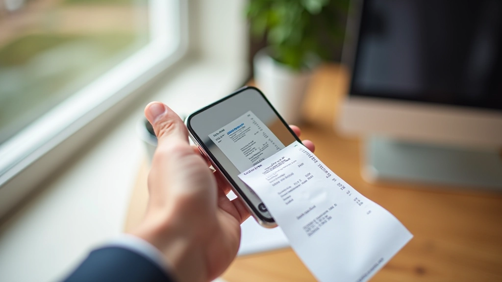 Smartphone camera capturing a paper receipt on a wooden desk surface with proper lighting