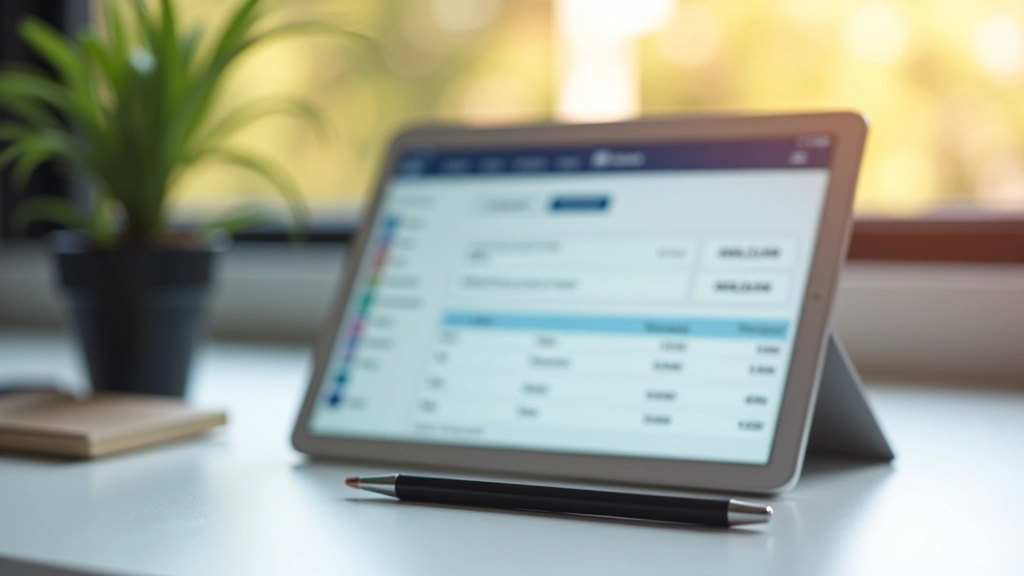 Professional workspace showing tablet with expense management app open, stylus nearby, minimalist desk setup with coffee and notebook