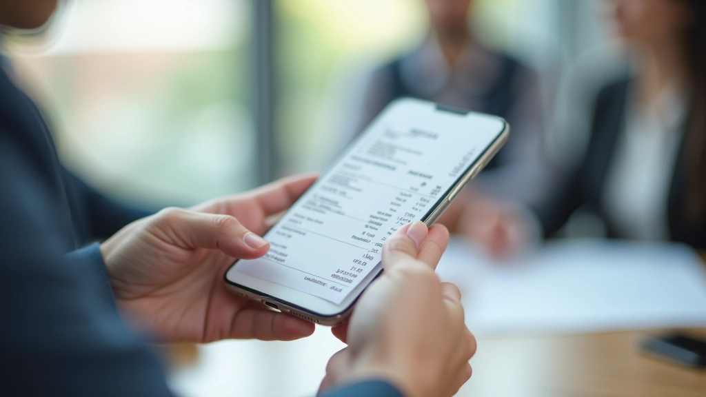 Close-up of hand holding smartphone displaying scanned receipt with clear text and numbers visible on screen, professional environment