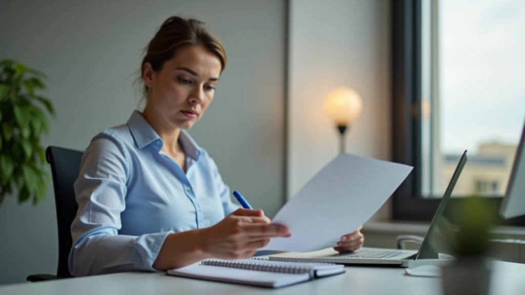 Woman at desk reviewing documents with checklist and pen, focused review of expense reports